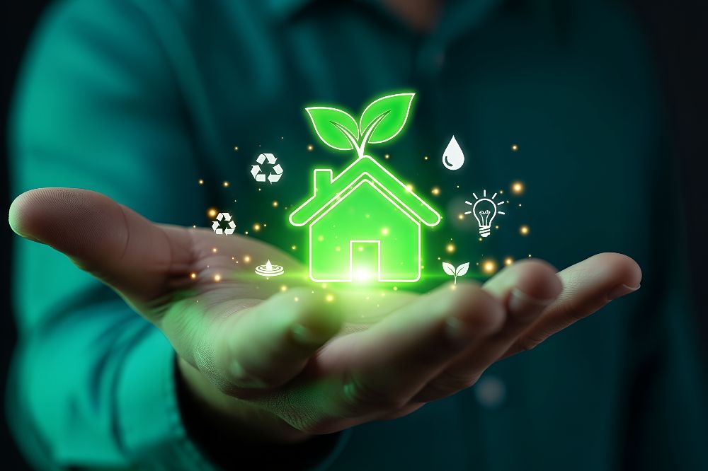 GS Plumbing-Hand holding glowing green eco friendly house and sustainability
